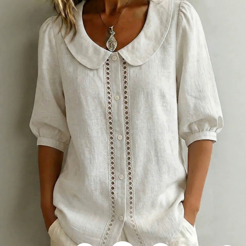 European and American Cross-Border 2026 Summer New Style Doll Collar Lace Splicing Half-Sleeve Casual Solid Color Cotton Shirt for Women European and American Cross-Border 2026 Summer New Style Doll Collar Lace Splicing Half-Sleeve Casual Solid Color Cotton Shirt for Women