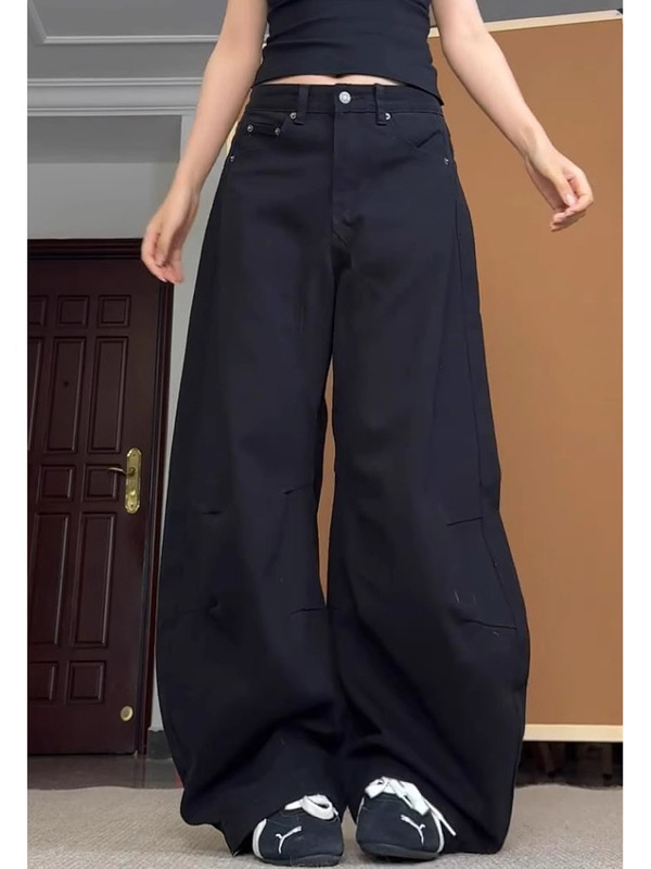 女性用ブラックワイドレッグジーンズ、春と秋の新しいスタイル、ファットmm、大きいサイズ、洋ナシ型ボディ、ルーズストレートレッグスリミングシミターパンツ|undefined