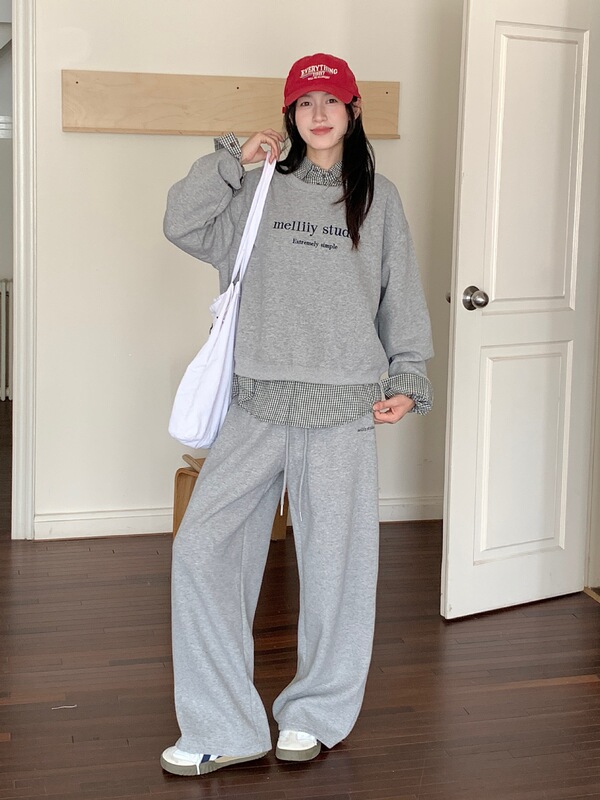 2025新款套装女装秋宽松美式卫衣翻领假两件直筒休闲裤显瘦两件套|undefined