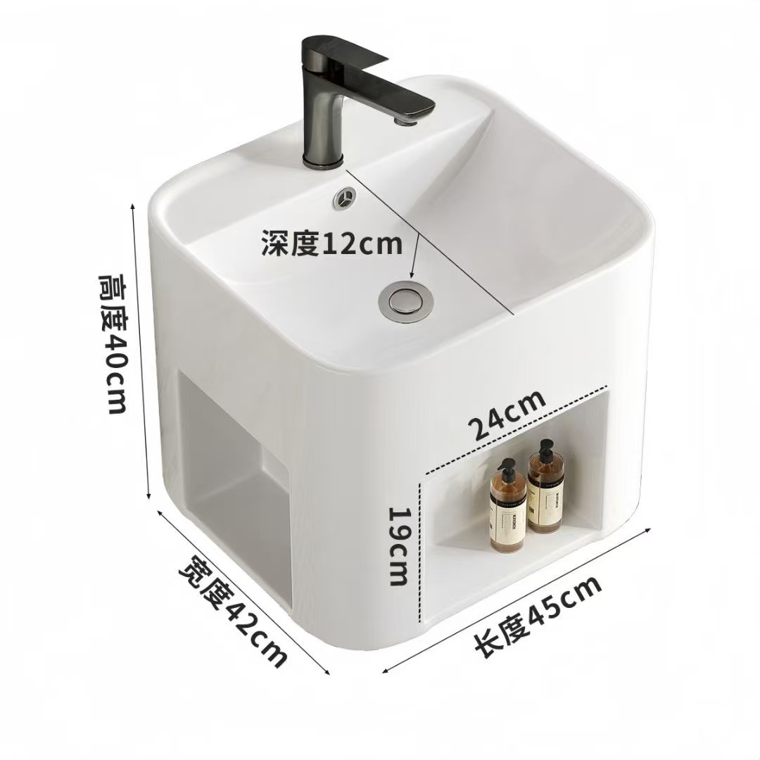 Lavabo de pared para apartamento pequeño, lavabo de cerámica integrado, balcón de baño con compartimiento de almacenamiento, lavabo
