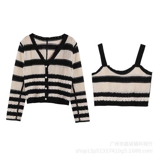 Women's Fashionable Striped Camisole Sweater Set with Lace and Contrast Color Knit Cardigan - Two Piece Outfit