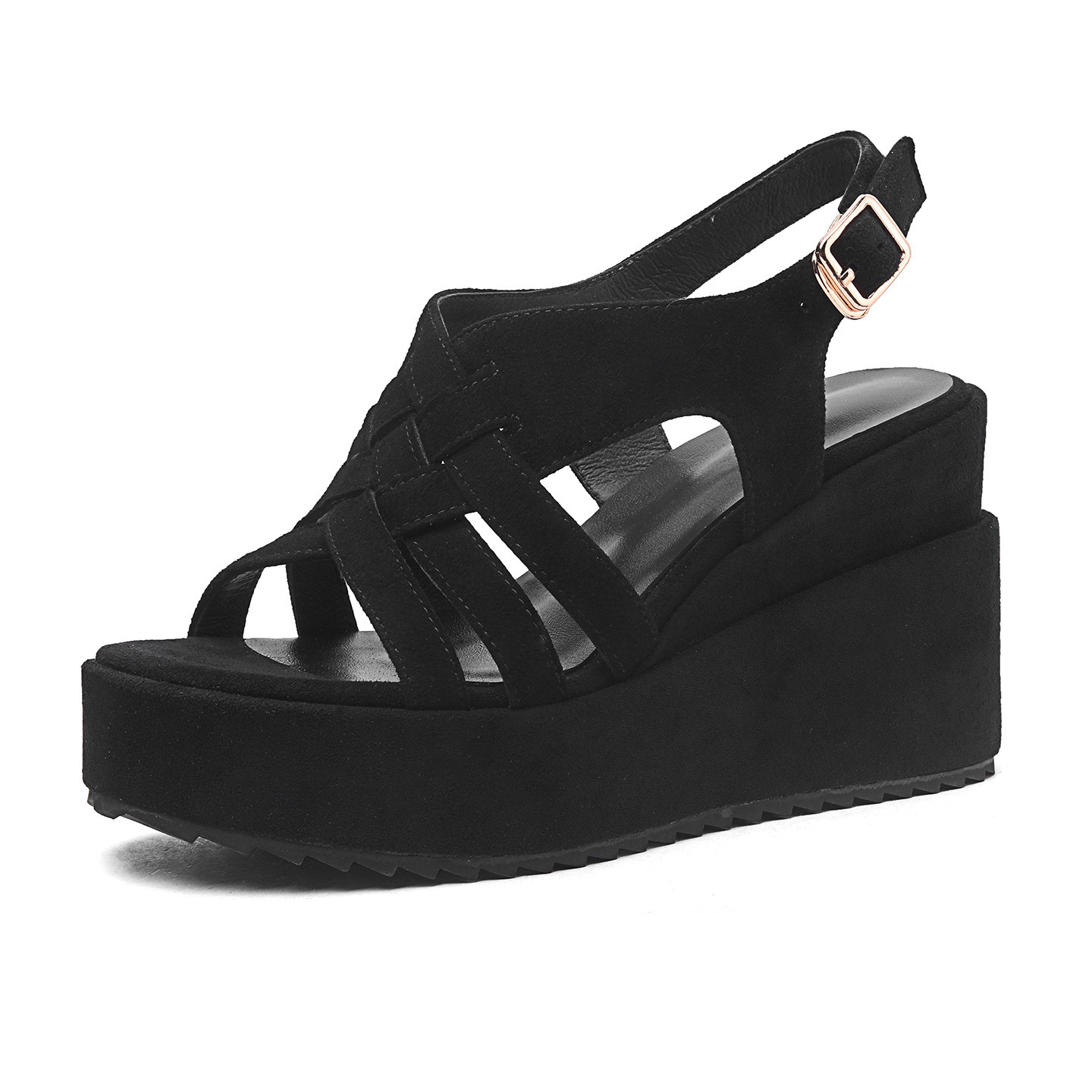 Sandal cao gót nữ hở mũi quai khóa, đế xuồng dệt da bò, gót 10 cm — Da bò trắng gạo chi tiết 9