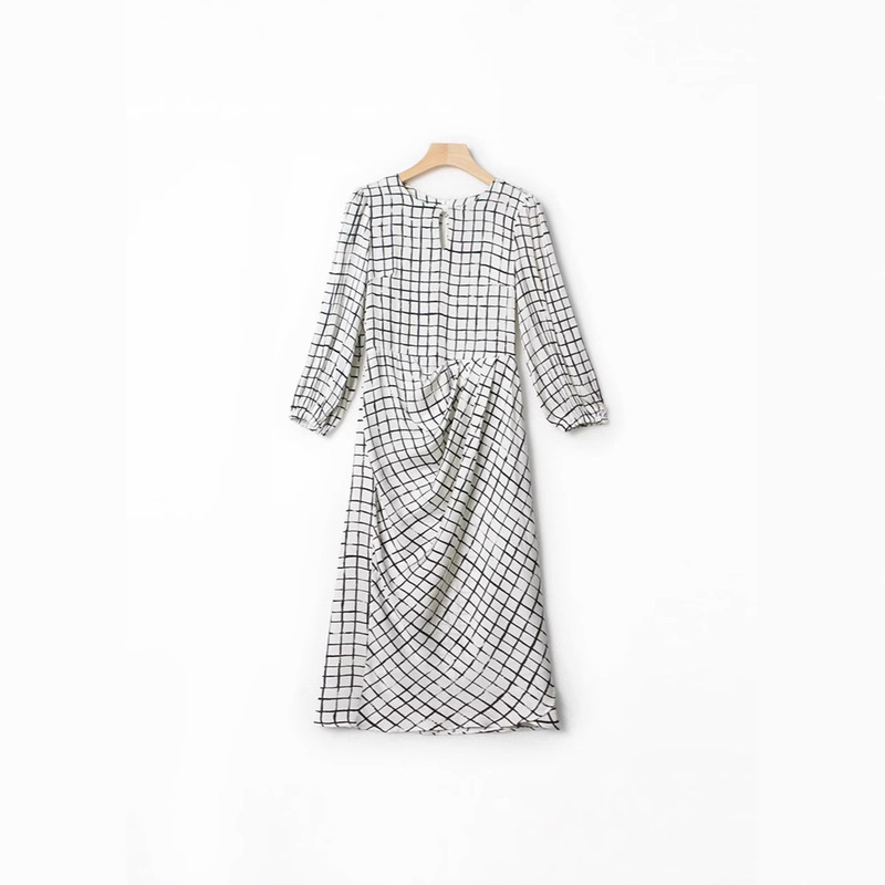 21 Momme Heavy Silk Black and White Checkered Waist-Slimming Lantern Long Sleeve Light Luxury High-End Summer Mulberry Silk Dress