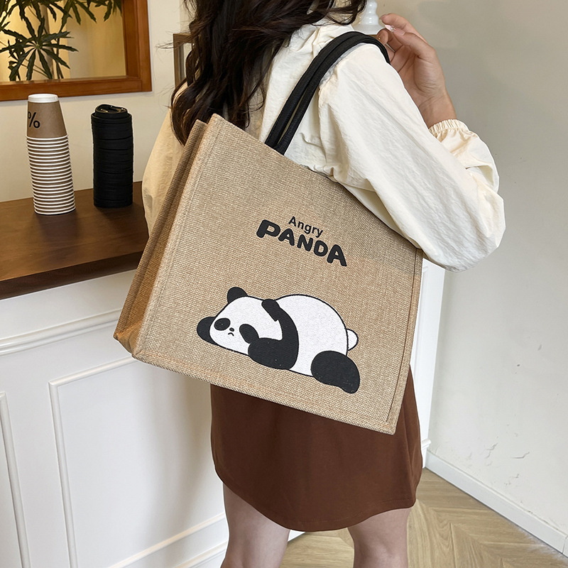 New Portable Tote Bag Linen Tote Bag Cute Panda Retro Linen Shopping Bag Travel Bag Shoulder Bag