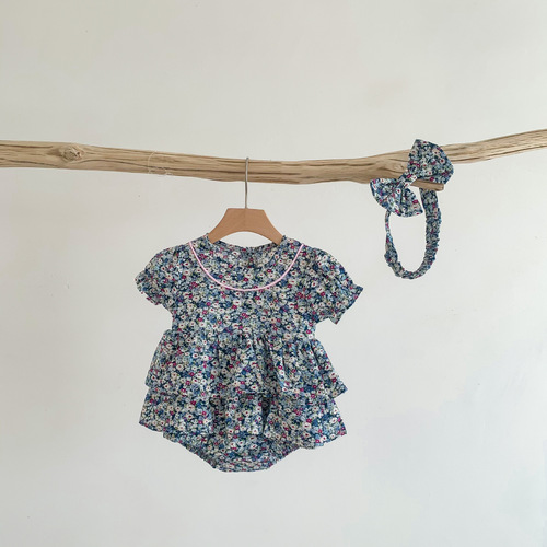 ins summer style infant and children one-piece clothes for baby girl small floral short-sleeved romper with hair tie