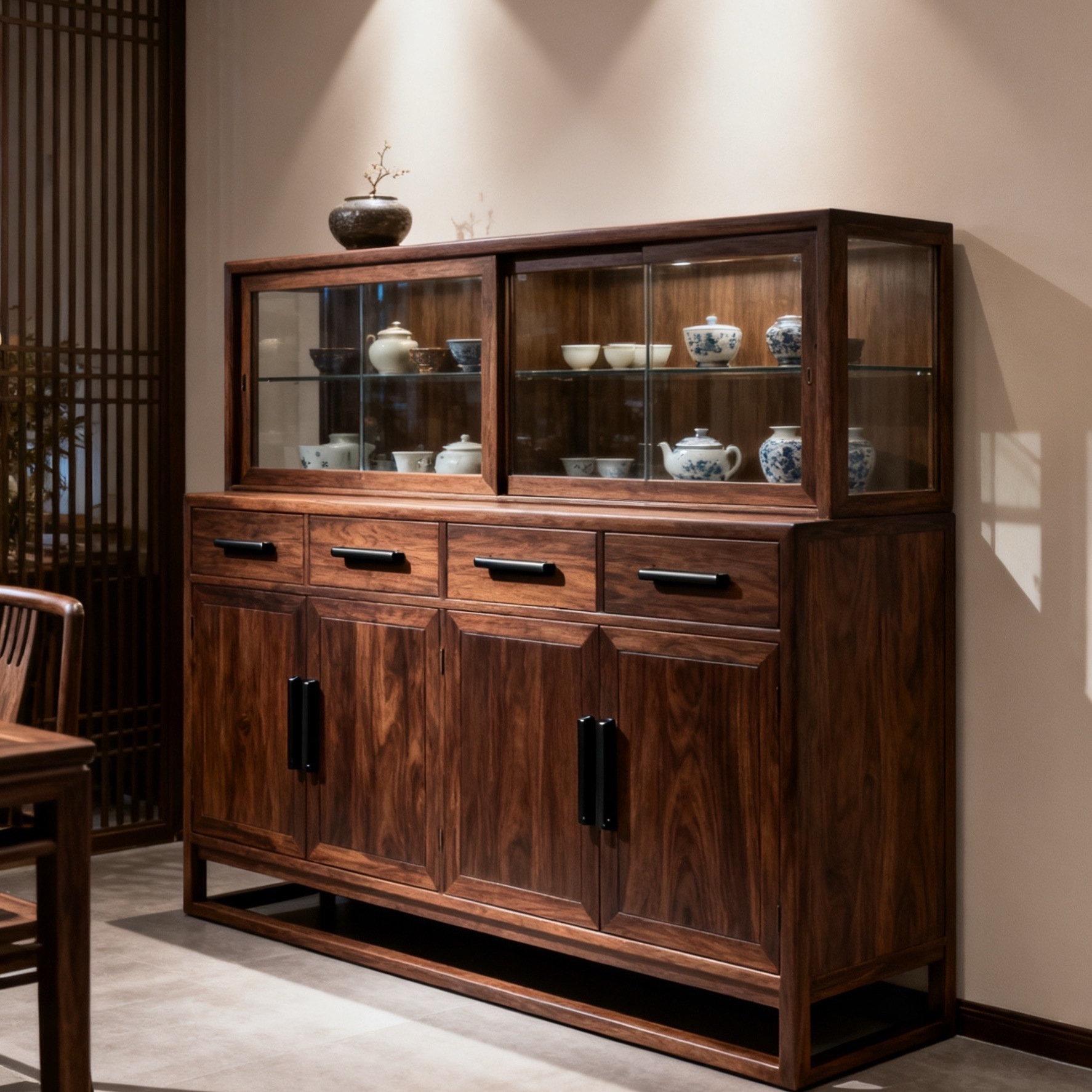 New Chinese Style Solid Wood Sideboard Restaurant Storage Cabinet Glass Display Cabinet Song Style Aesthetic Villa Storage Side Cabinet