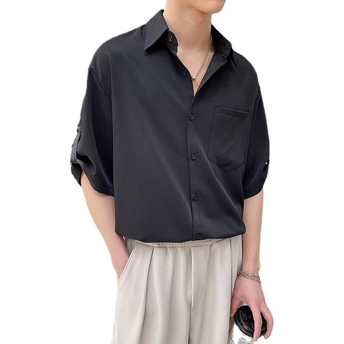 Summer Drape Trend Loose Short Sleeve Shirt for Men, Ice Silk, Cooler Style, Advanced Feel, Light Mature Wind, Iron-Free, Five-Finger Sleeve Shirt