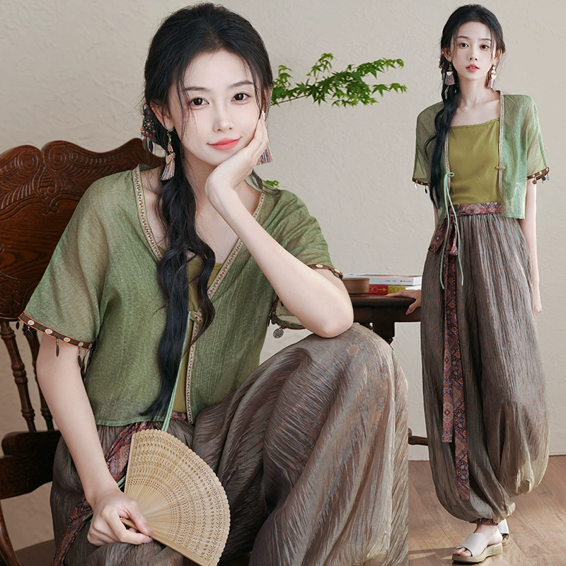 9633 Новый китайский стиль ретро летний национальный стиль с V-образным вырезом кардиган классический улучшенный набор фонарных брюк