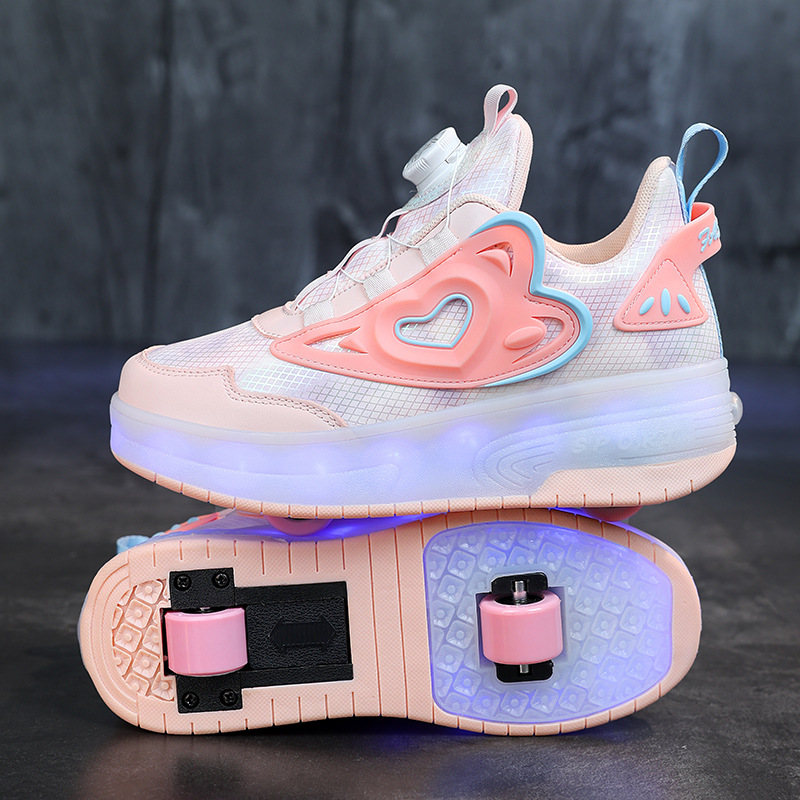 Girls' Two-wheel Heal Shoes 2024 Summer Children's Sport Skates Luminous Girls Shrinkable Pulley Shoes