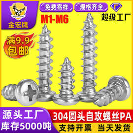 304不锈钢圆头十字自攻螺丝盘头自攻丝尖尾PA小螺丝钉M1.4M2M3/M4