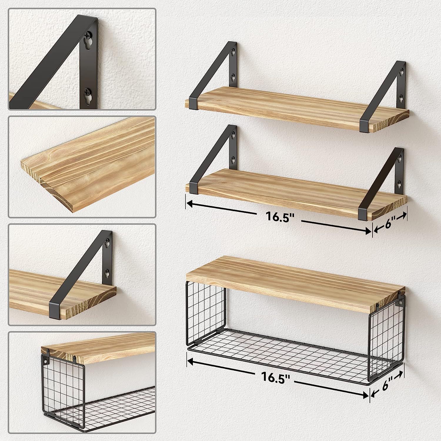 Estante flotante montado en la pared con canasta de almacenamiento, canasta, toallero, estante de metal, cocina, baño, estante de almacenamiento de madera image 3