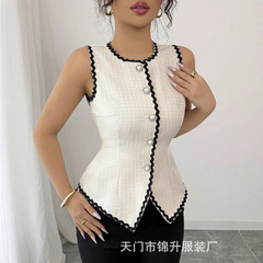 跨境外贸女装新款撞色圆领小背心绣花马甲背心上衣女
