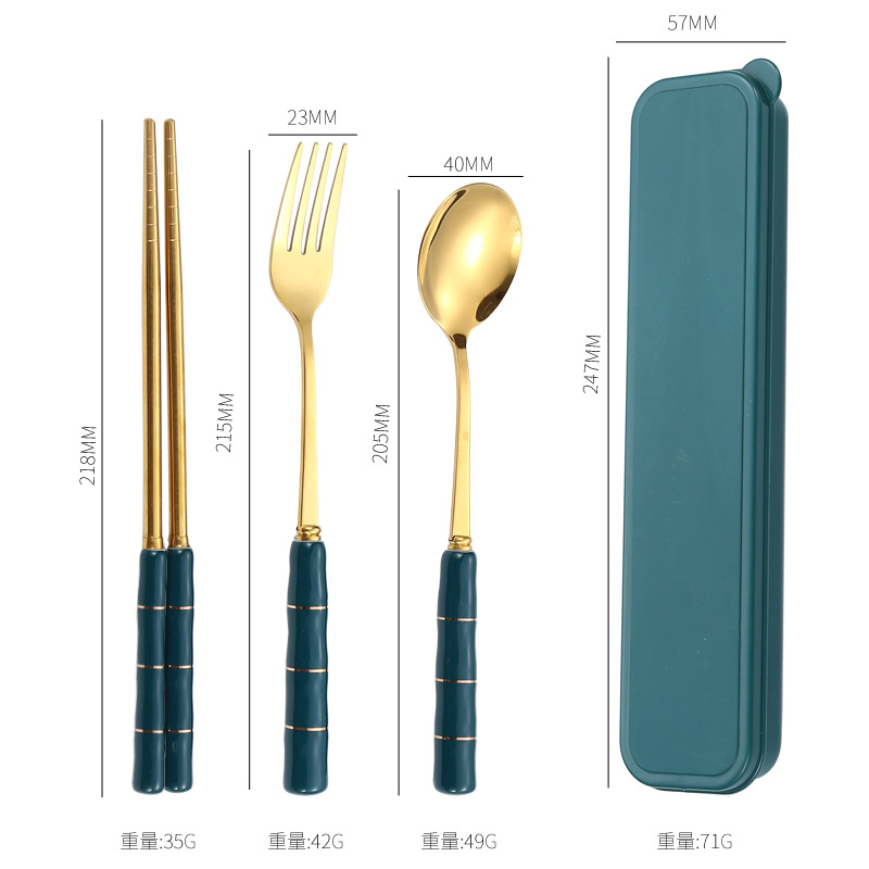 Palillos de acero inoxidable traje de cuchara estudiante vajilla portátil cuchara de tres piezas tenedor caja de almacenamiento de mango de cerámica