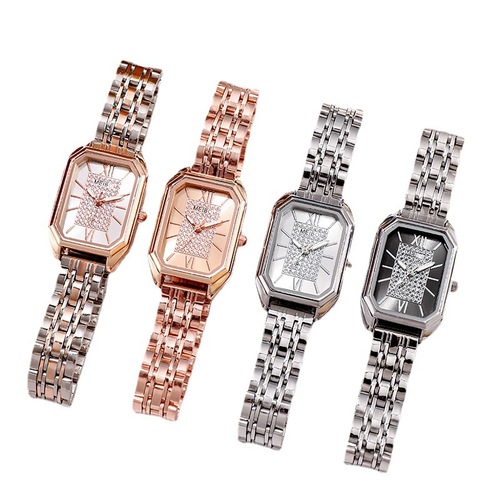  New Casual Fashion Steel Band Diamond Ladies Watch Square Roman Numeral Starry Student Quartz Watch