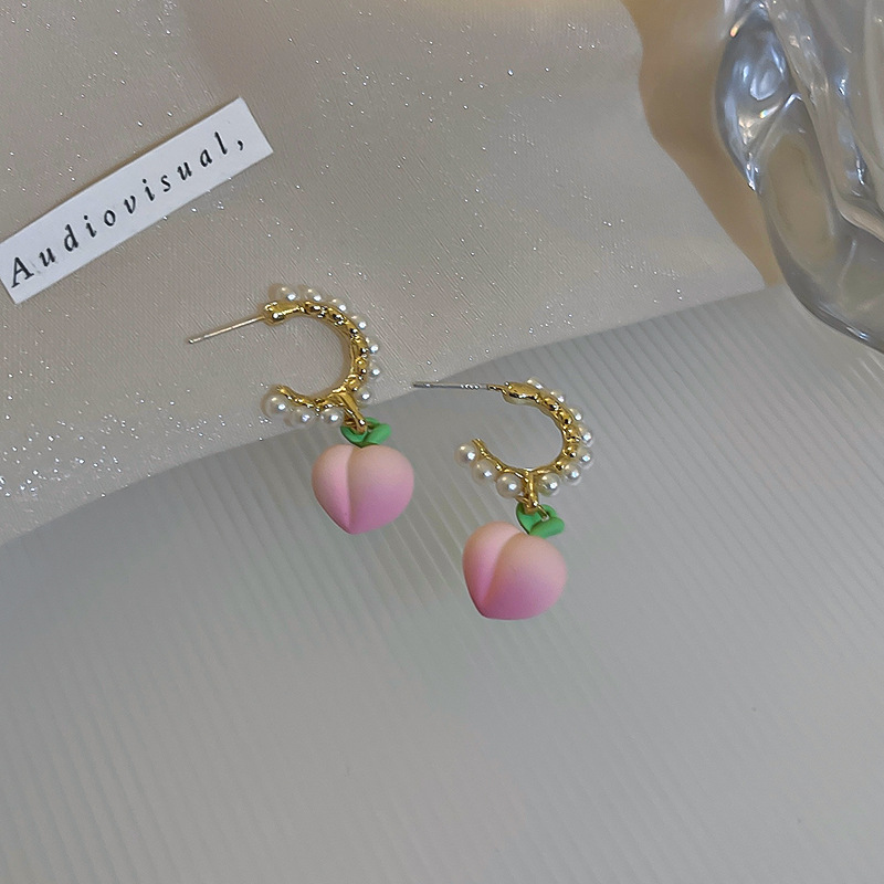 Cute Pink Peach Shape Pearl Alloy Pendant Stud Earrings display picture 5