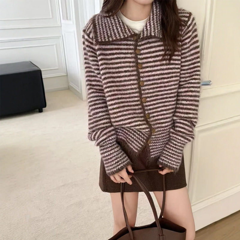 韩系复古条纹翻领毛衣外套女2025秋季新款高级感小众百搭针织开衫|undefined