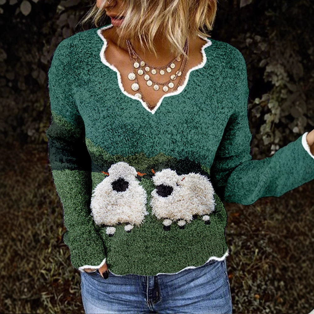 Внешняя торговля, трикотаж из шерсти с 3D принтом и v-образным вырезом, женский тонкий свободный трикотаж в ленивом стиле, нежная верхняя одежда ранней осени