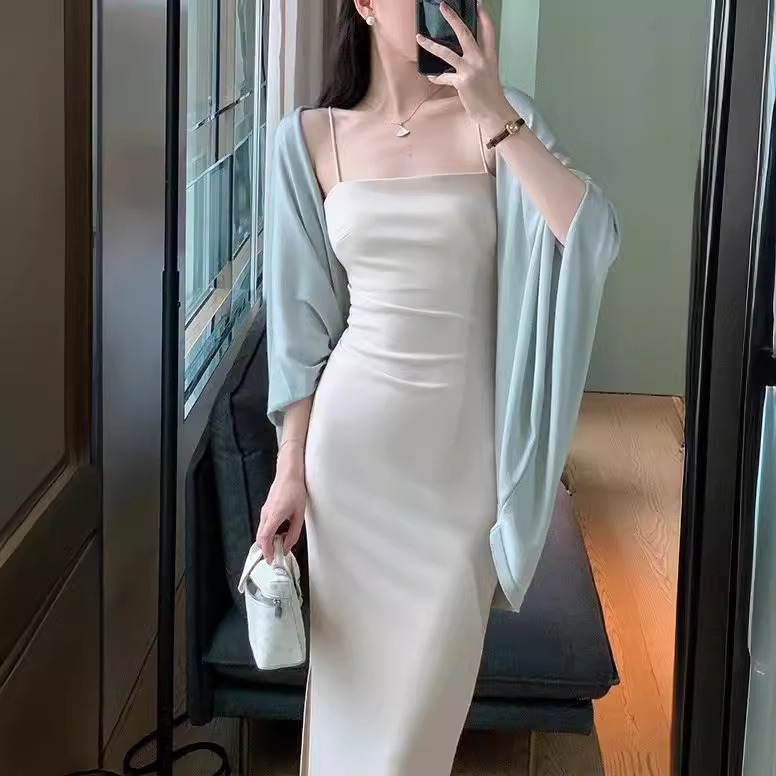 MZOMXL Triacetate Tencel Shawl Women's Summer Thin Knitted Elegant Bat Sleeve Sunscreen Cardigan Outer Blouse