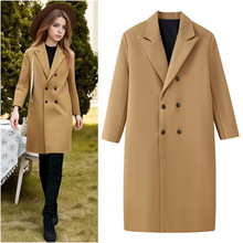 外贸跨境现货欧美女装批发宽松显瘦气质双排扣长款大衣毛呢外套
