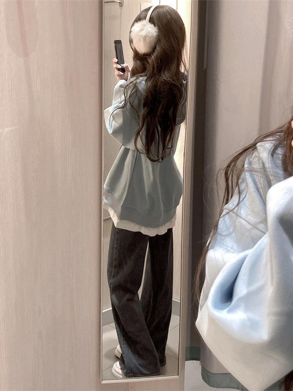 假两件连帽卫衣女 浅蓝色小狗刺绣秋季宽松慵懒风设计小众薄上衣|undefined