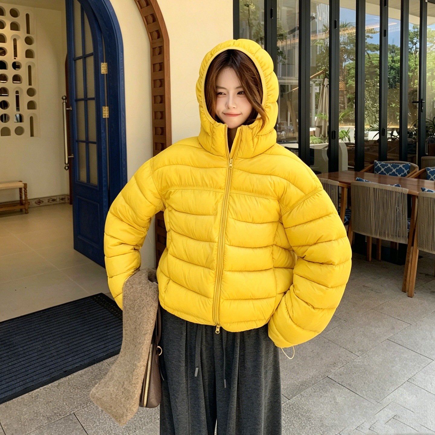 2026冬季新款排骨服连帽短款羽绒棉服女韩系扎透轻薄里外同料棉衣