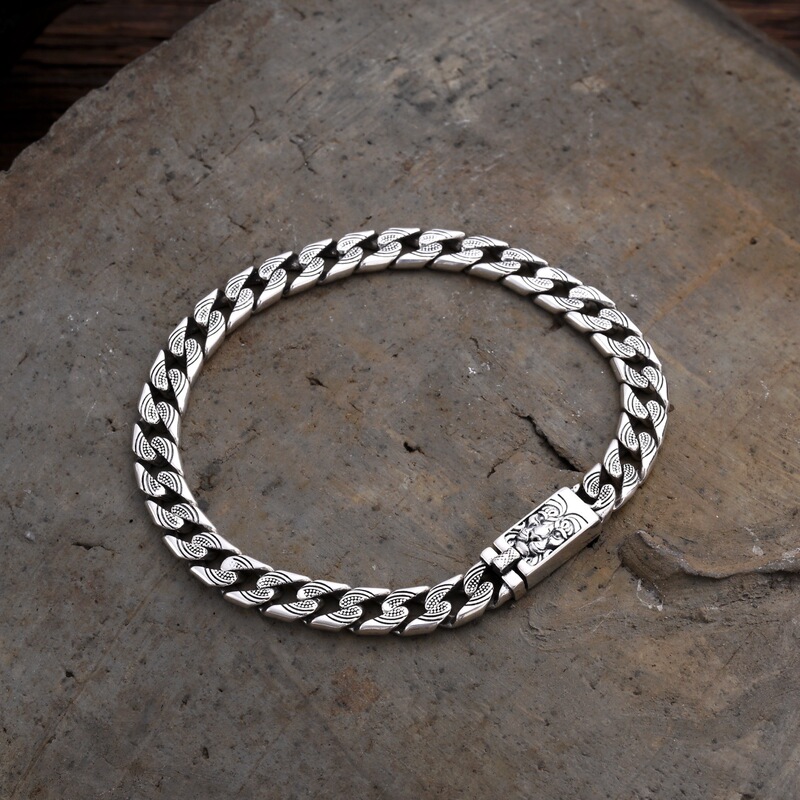 New S925 Sterling Silver Water Ripple Cuban Chain Men's Personalized Retro Square Lion Clasp Tough Guy Bracelet Trendy