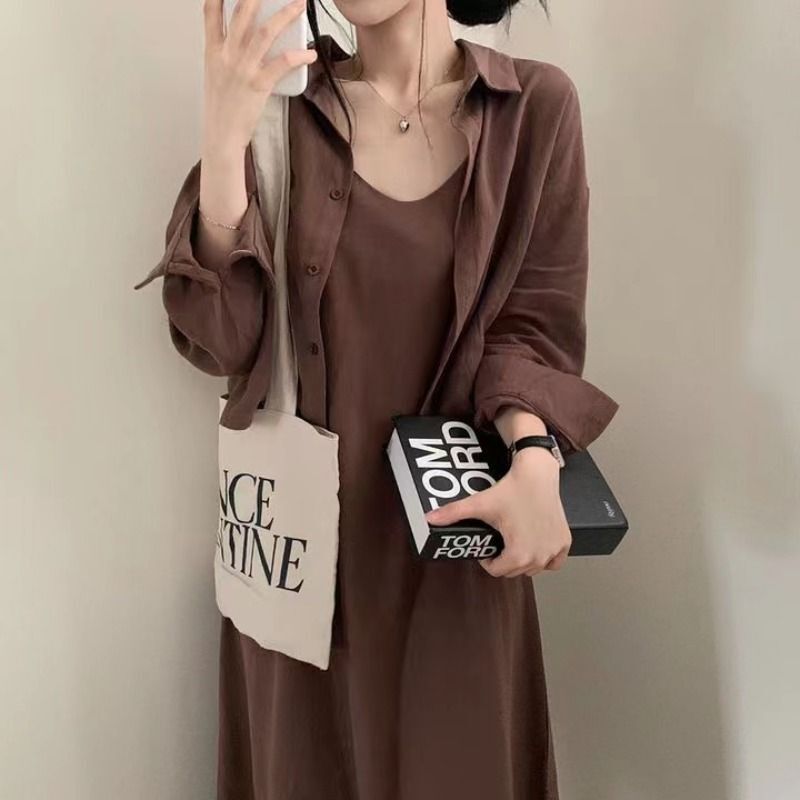 韓国版chi春秋フランスレトロ気質減齢セクシーストラップワンピースシャツコート2点セット女性|undefined