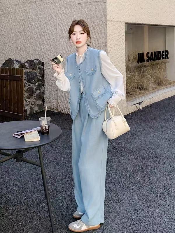 蓝色时尚流苏小香风套装女春季2025年新款名媛马甲衬衫长裤三件套|undefined