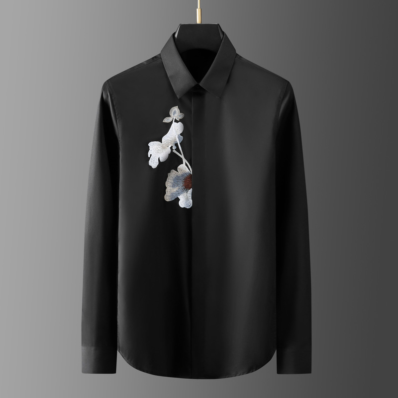 Spring catwalk new exquisite lotus embroidery long sleeve shirt men's casual top European and American cross-border Amazon Spring catwalk new exquisite lotus embroidery long sleeve shirt men's casual top European and American cross-border Amazon