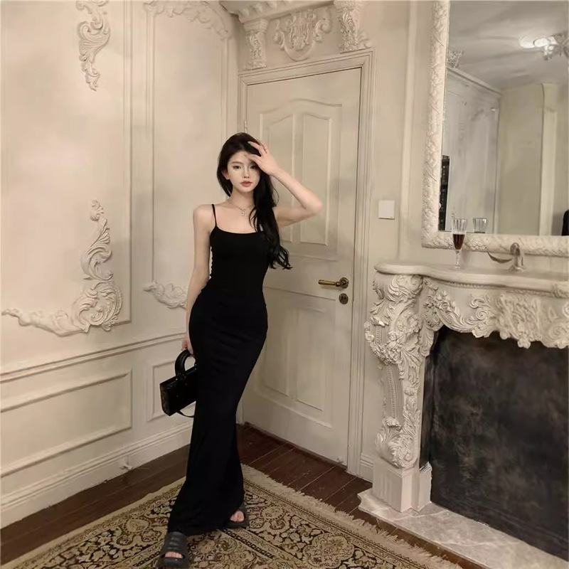 Pure Desire Style Sling dress Women's Summer Sexy Pleated Waist Slimming Mid-length Tight Hip Fishtail Skirt