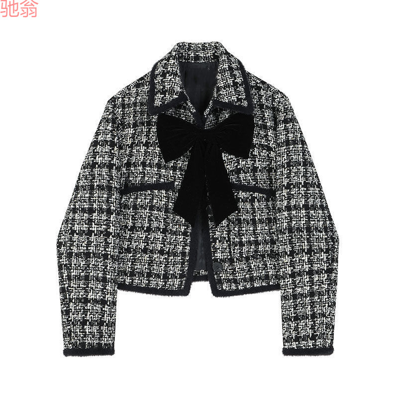 Y9Z Tweed Short Coat Women's Autumn and Winter New Small Fragrance Retro Style Bow Jacket Top