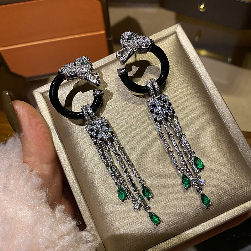 Title 2, Black Leopard Green Diamond Tassel Earrings for...