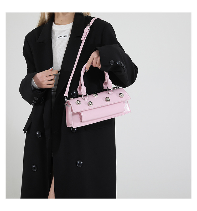 772g Weight Rivet Fashion Element Magnetic Buckle Closure Type Single Shoulder Strap, Top Handle Strap Type Handbag, Crossbody Bag Bags Type Daily Occasion Pu Leather Material Solid Color Pattern All Seasons Season Women's Gender Classic Style Style Square Shape Small Size Women's Small Pu Leather Solid Color Classic Style Rivet Square Magnetic Buckle Handbag Crossbody Bag 3