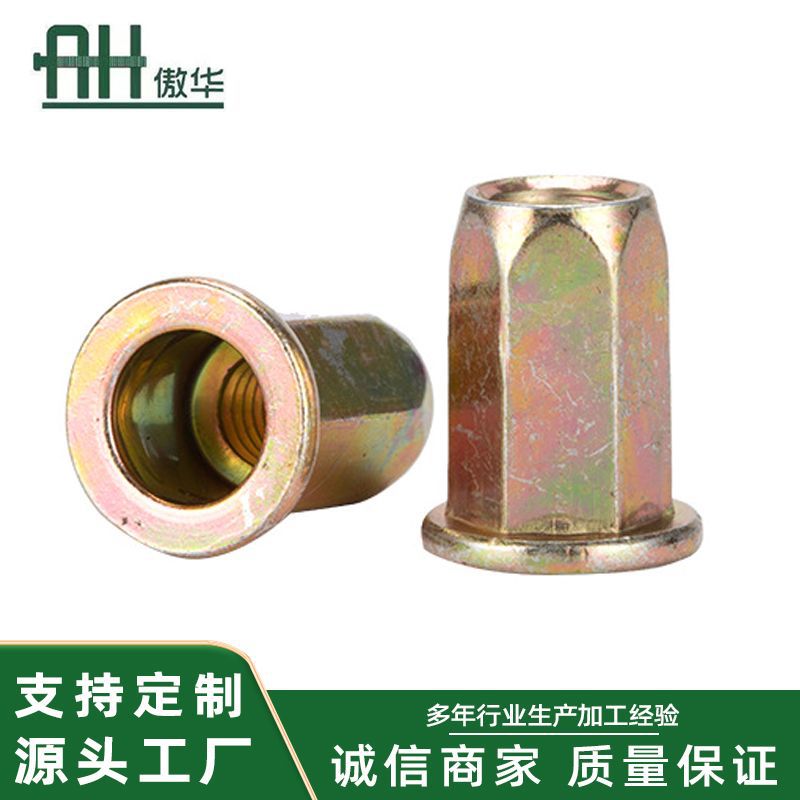 现货铁镀锌平头全六角拉铆螺母彩锌不锈钢小沉头半铆螺母螺丝