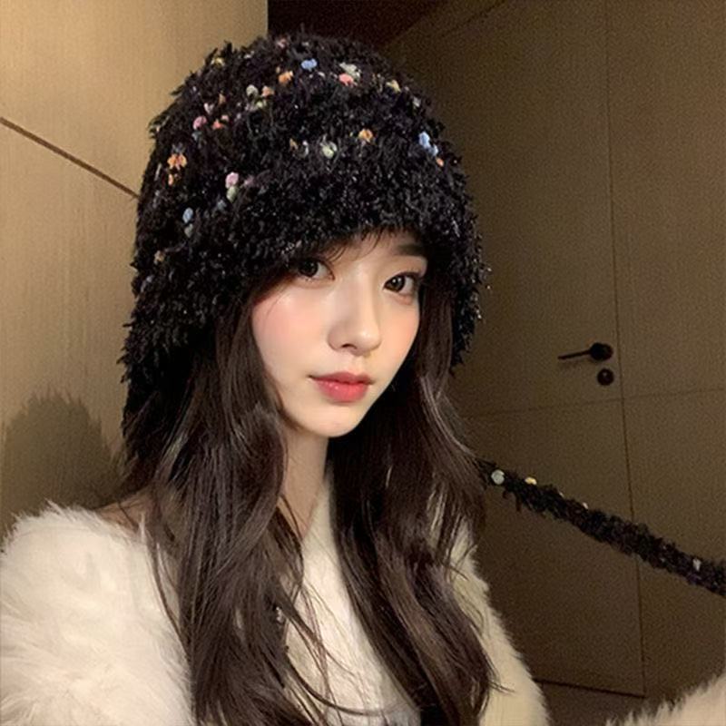 彩色豆豆毛绒帽子女秋冬保暖护耳毛线帽显脸小百搭系带针织包头帽|undefined