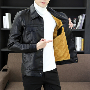 Douyin Kuaishou 2025 New Autum Men's Single-Breasted Leather Jacket Fleece-Lined Thickeneded Fur One-Piece Leather Jacket