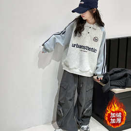 卫衣女童秋冬新款加绒翻领上衣中大童韩版插肩撞色秋冬新款套头衫