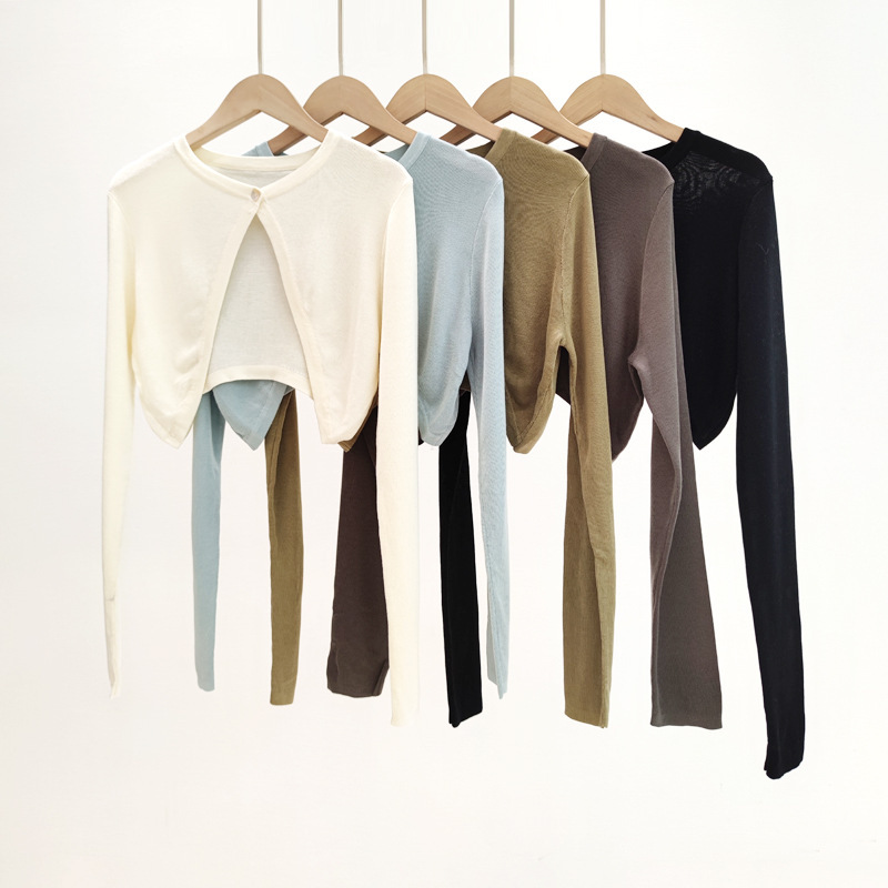 Spring 14-stitch Tencel One-button Knitted Outer Draped Fashion Short Knitted Cardigan Solid Color All-match Sweater Women's Thin Spring 14-stitch Tencel One-button Knitted Outer Draped Fashion Short Knitted Cardigan Solid Color All-match Sweater Women's Thin