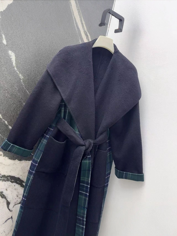 025早秋新款拼接格纹双面羊毛长款大衣外套超大翻领系带宽松时尚|undefined