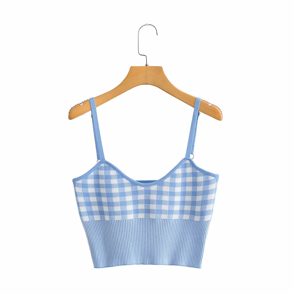 blue and white check sleeveless sling T-shirt NSAM42353