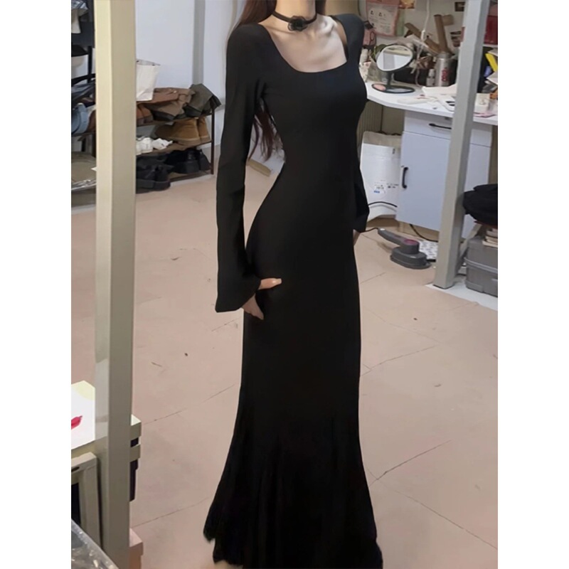 Hepburn Style High-End Black Long-Sleeved Dress for Women Early Autumn Slim Fishtail Hip-Covering Formal Occasion Elegant Skirt