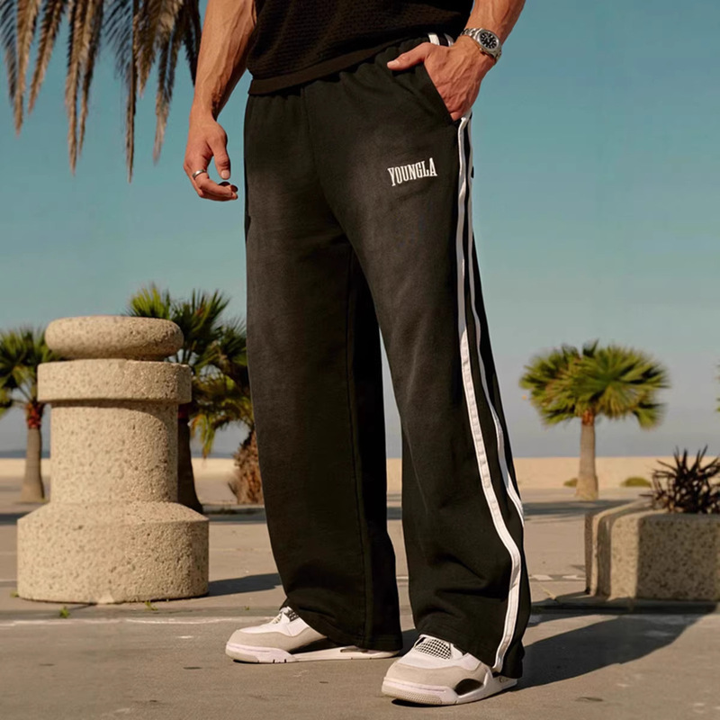 Youngla New American-Style Men's Sports Pants with Double Stripe Stitching and Printed Casual Straight-Leg Basketball Training Pants