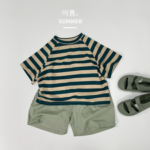 Korean style children's striped short-sleeved T-shirt summer new style casual short-sleeved bottoming shirt for boys and girls baby