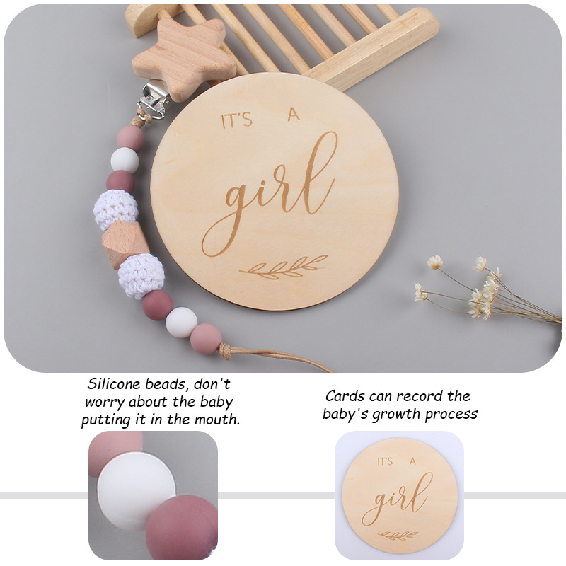 Nuevo bebé suministros madera hito tarjeta creativa bebé estrella de dibujos animados haya clip chupete cadena traje