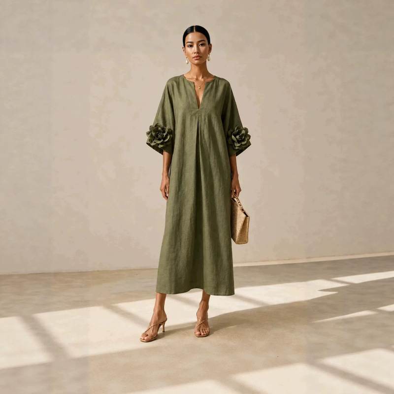 2026 Autumn European and American V-neck mid-length dress with floral cuffs, exclusively for cross-border independent online stores, stylish and elegant dress