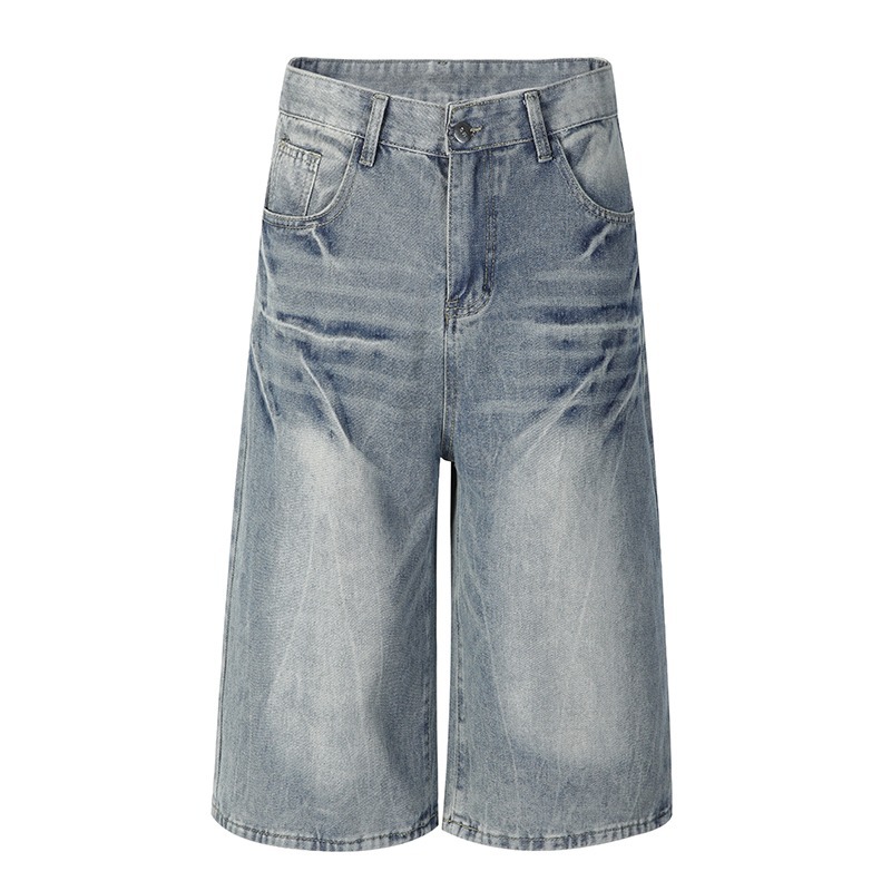 Unisex High-Street Loose Fit Cropped Jeans Lightning Bolt Washed Denim Shorts Blue M-3XL Soft Washed Denim_mkmklike.com