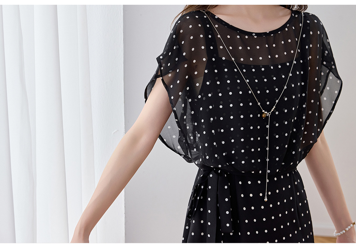 Đầm maxi nữ thắt eo thiết kế tân cổ điển cao cấp — màu đen, Chấm tròn chi tiết 24