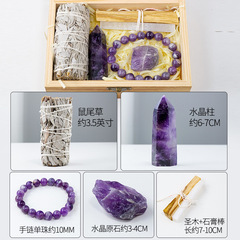 Factory Wholesale Natural Amethyst Crystal Wood Box Set Including Crystal Raw Crystals Crystal Pillar Wood Box Set Gift Box
