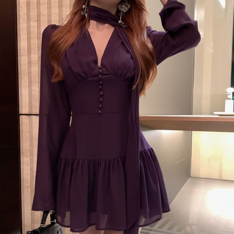 紫色v领长袖雪纺连衣裙女早秋修身气质短裙御姐轻熟风收腰a字裙子|undefined