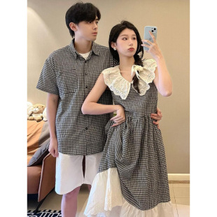 French Retro Elegant Plaid Dress for Female Couples, Summer Short-Sleeved Shirt, Sweet Doll Collar, One Dress and One Skirt